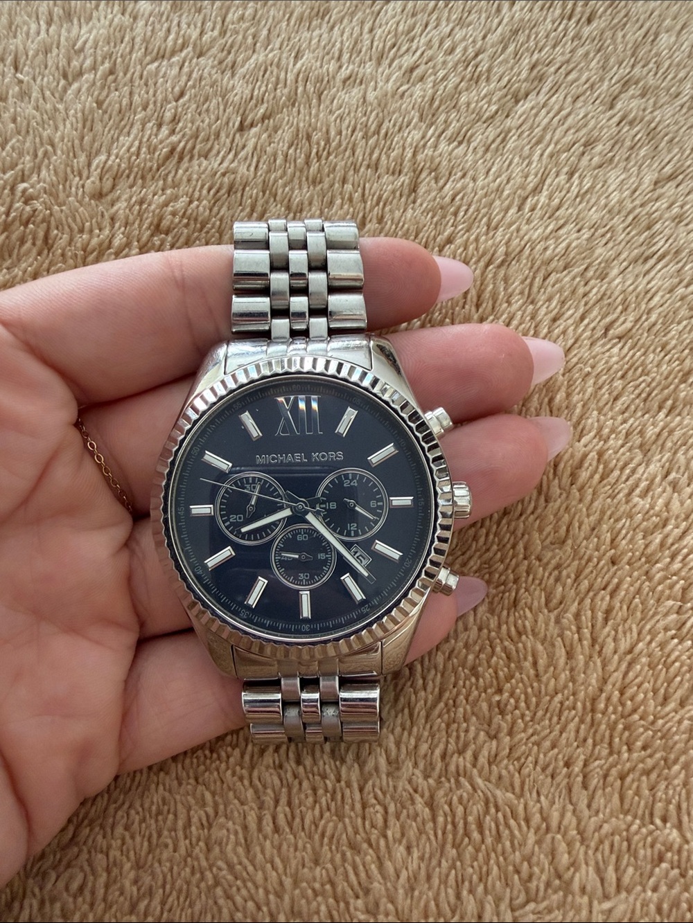 Michael Kors Silver Watch with Black Dial and Chronograph
